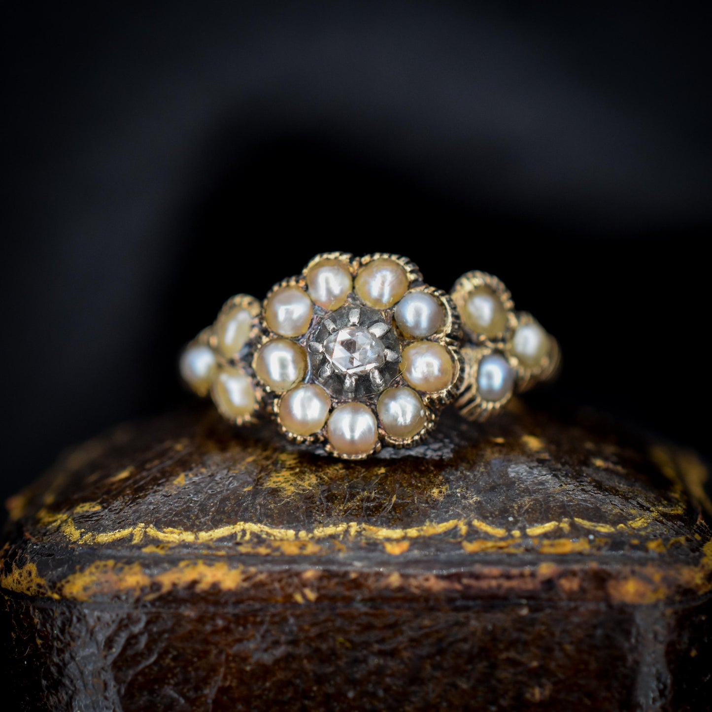 Antique Georgian Pearl and Rose Cut Diamond 15ct Gold Ring