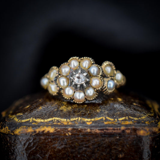 Antique Georgian Pearl and Rose Cut Diamond 15ct Gold Ring