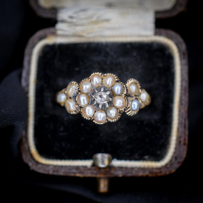 Antique Georgian Pearl and Rose Cut Diamond 15ct Gold Ring