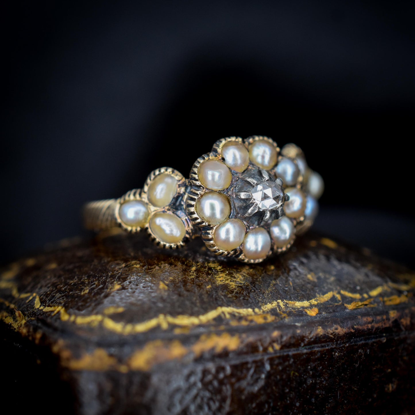 Antique Georgian Pearl and Rose Cut Diamond 15ct Gold Ring