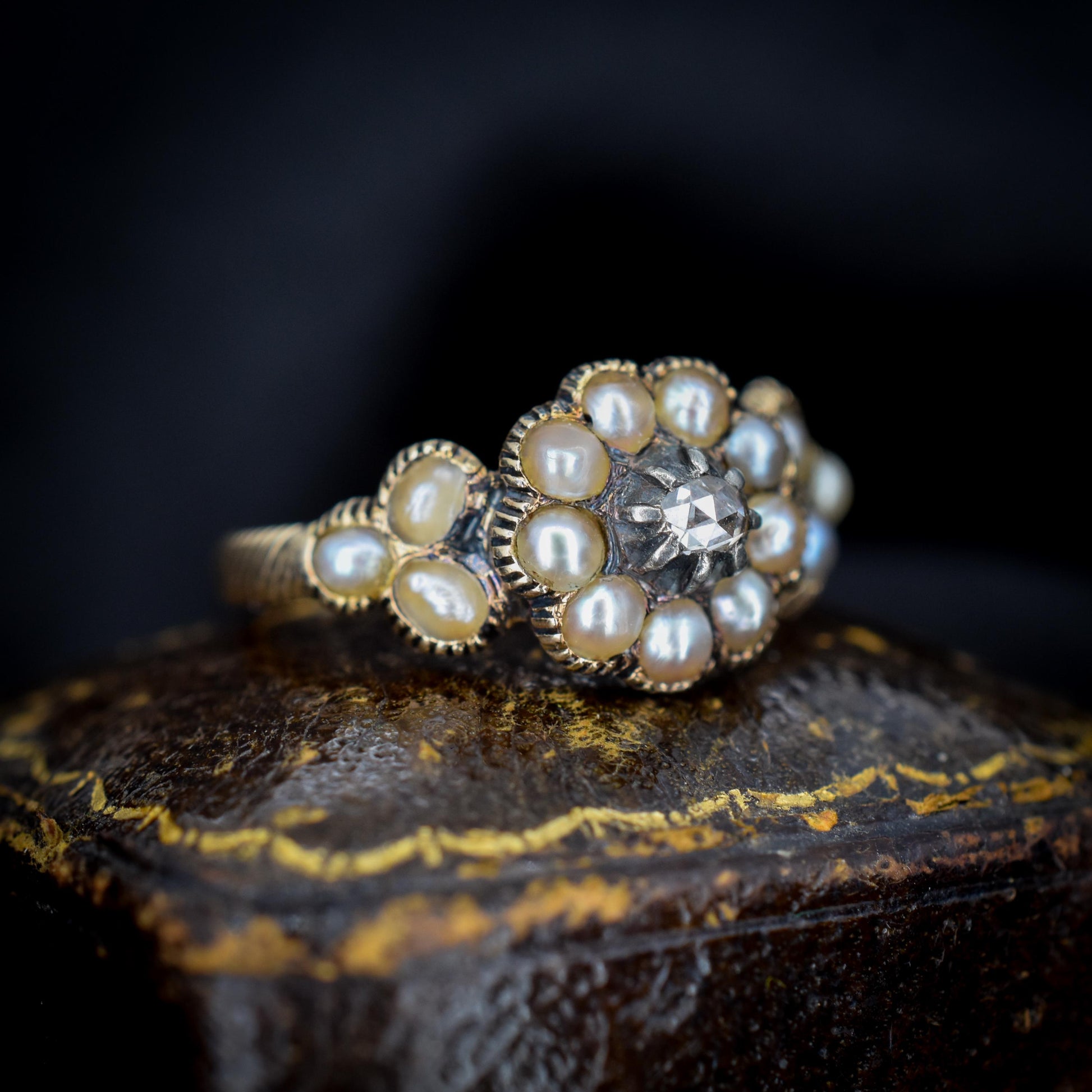 Antique Georgian Pearl and Rose Cut Diamond 15ct Gold Ring