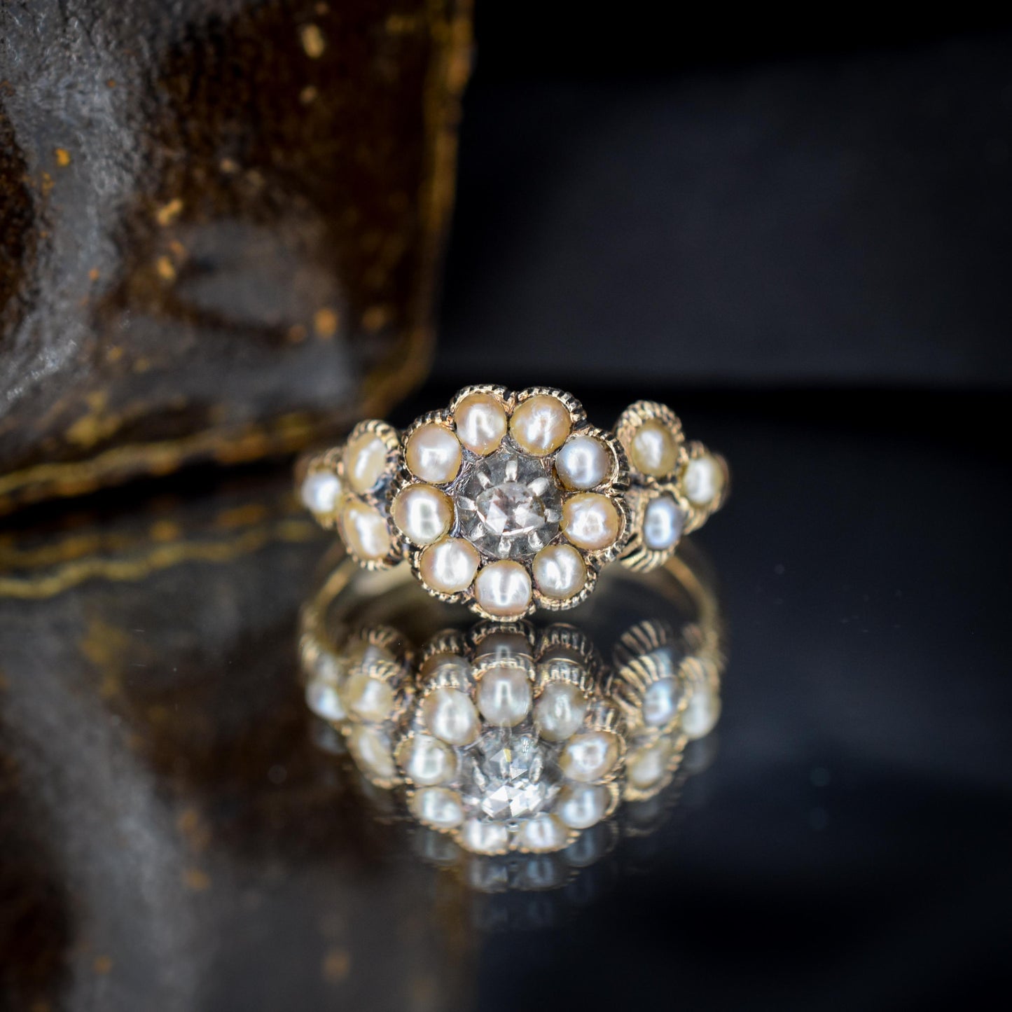 Antique Georgian Pearl and Rose Cut Diamond 15ct Gold Ring
