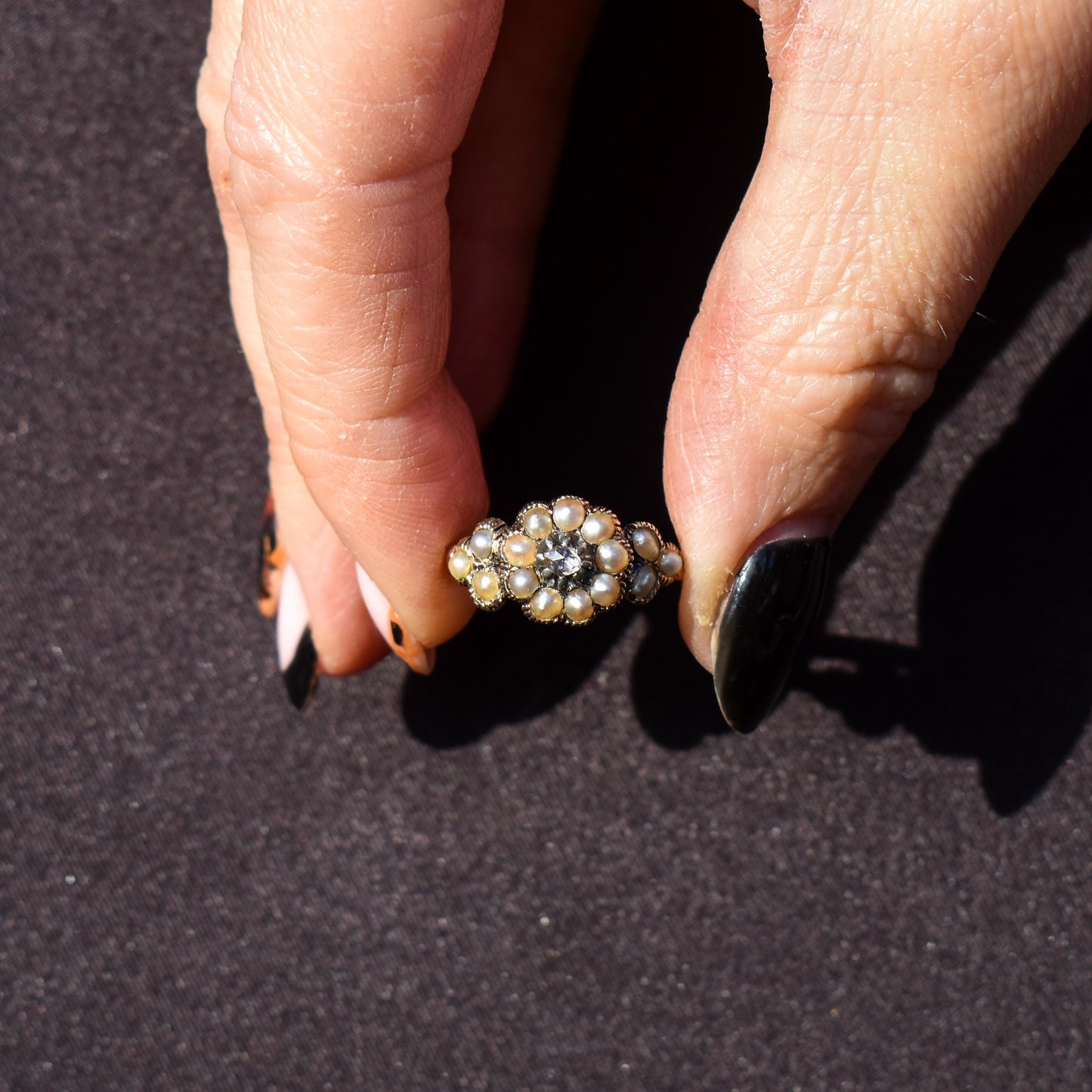 Antique Georgian Pearl and Rose Cut Diamond 15ct Gold Ring