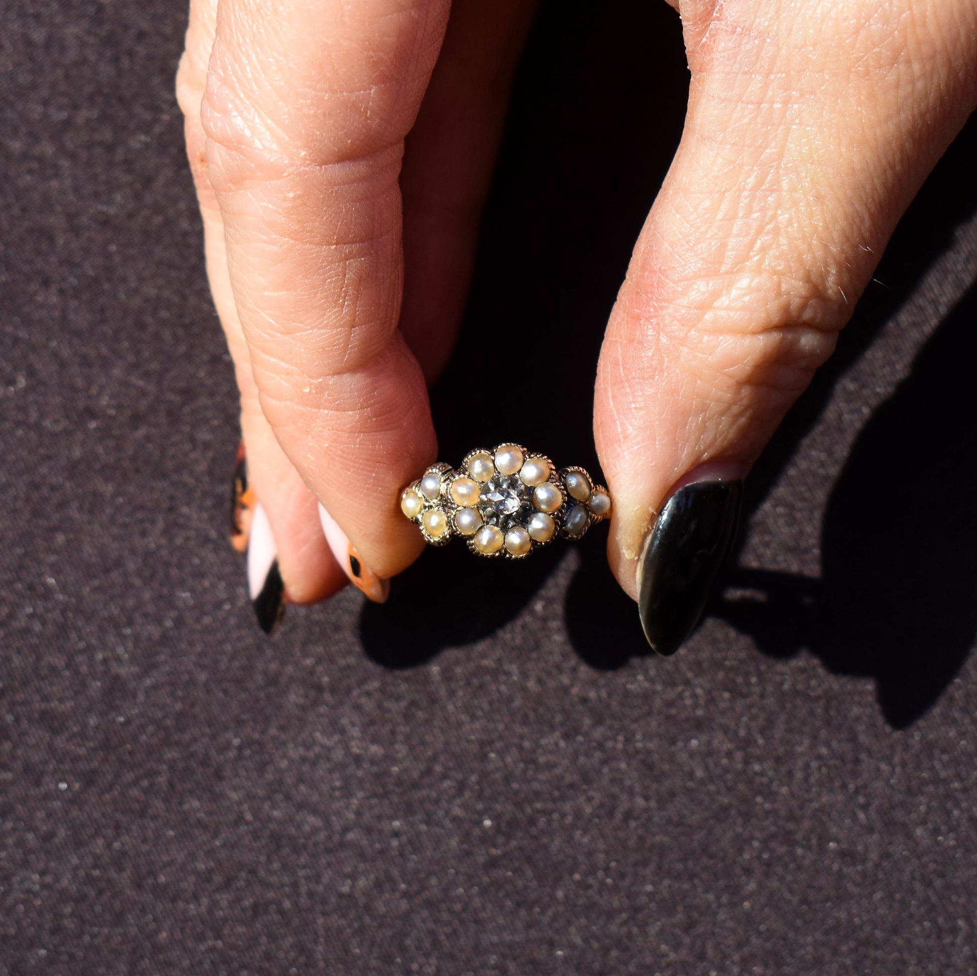 Antique Georgian Pearl and Rose Cut Diamond 15ct Gold Ring