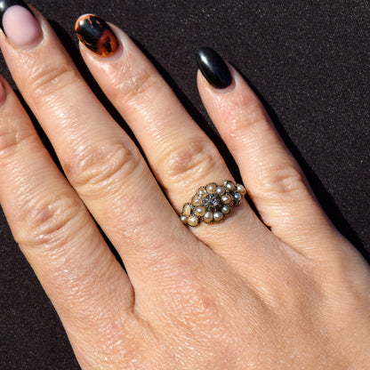 Antique Georgian Pearl and Rose Cut Diamond 15ct Gold Ring