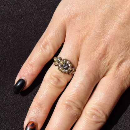 Antique Georgian Pearl and Rose Cut Diamond 15ct Gold Ring