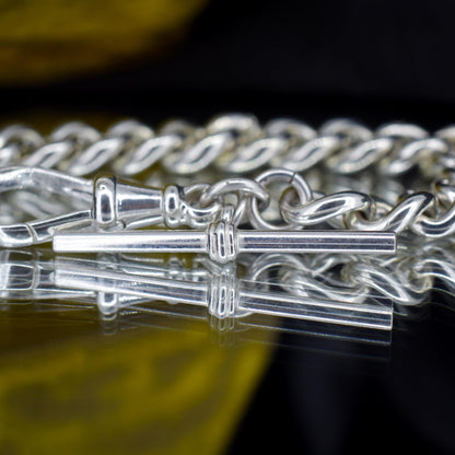 Antique Heavy Graduated Curb Sterling Silver Bracelet with Large Dog Clip and T-bar | 7"