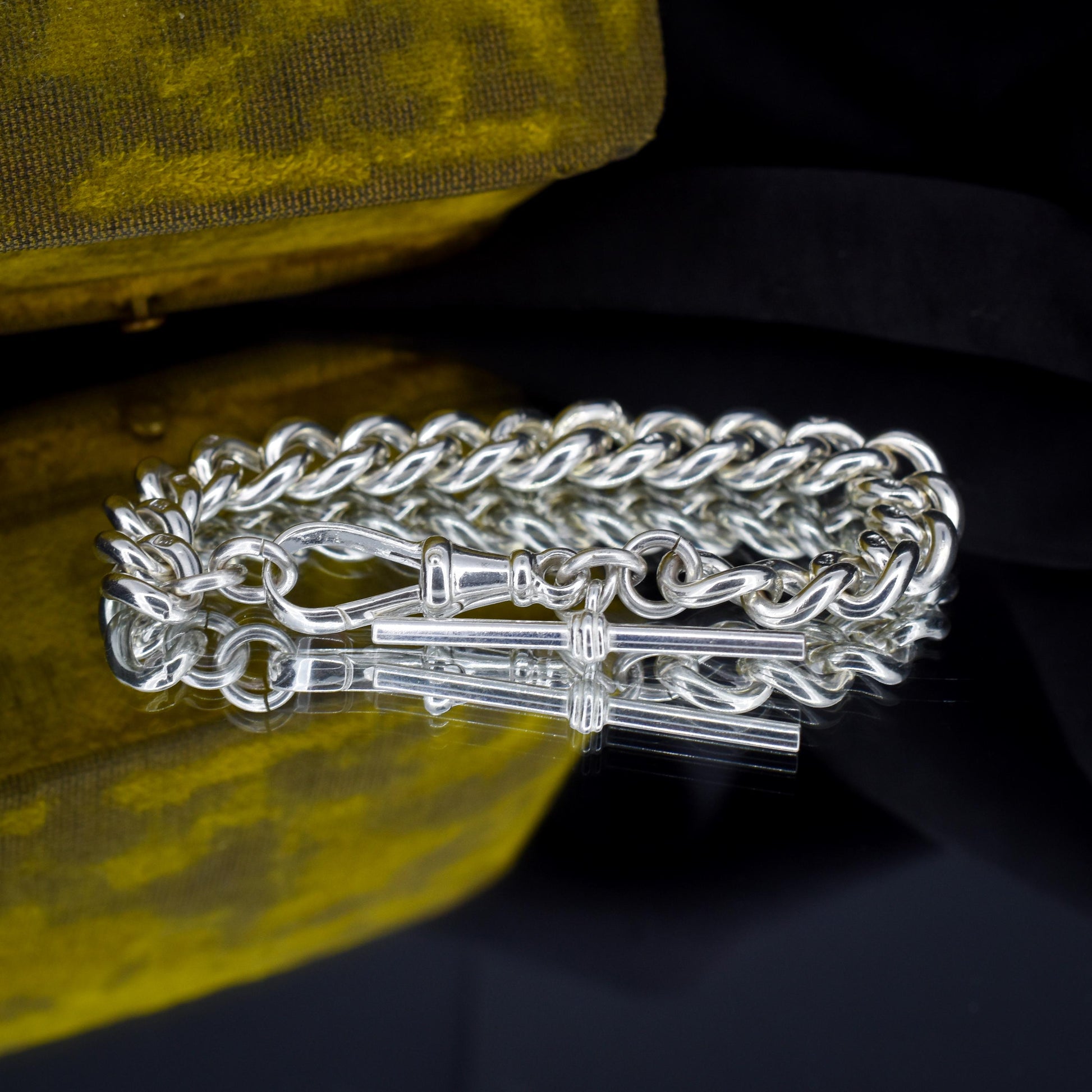 Antique Heavy Graduated Curb Sterling Silver Bracelet with Large Dog Clip and T-bar | 7"