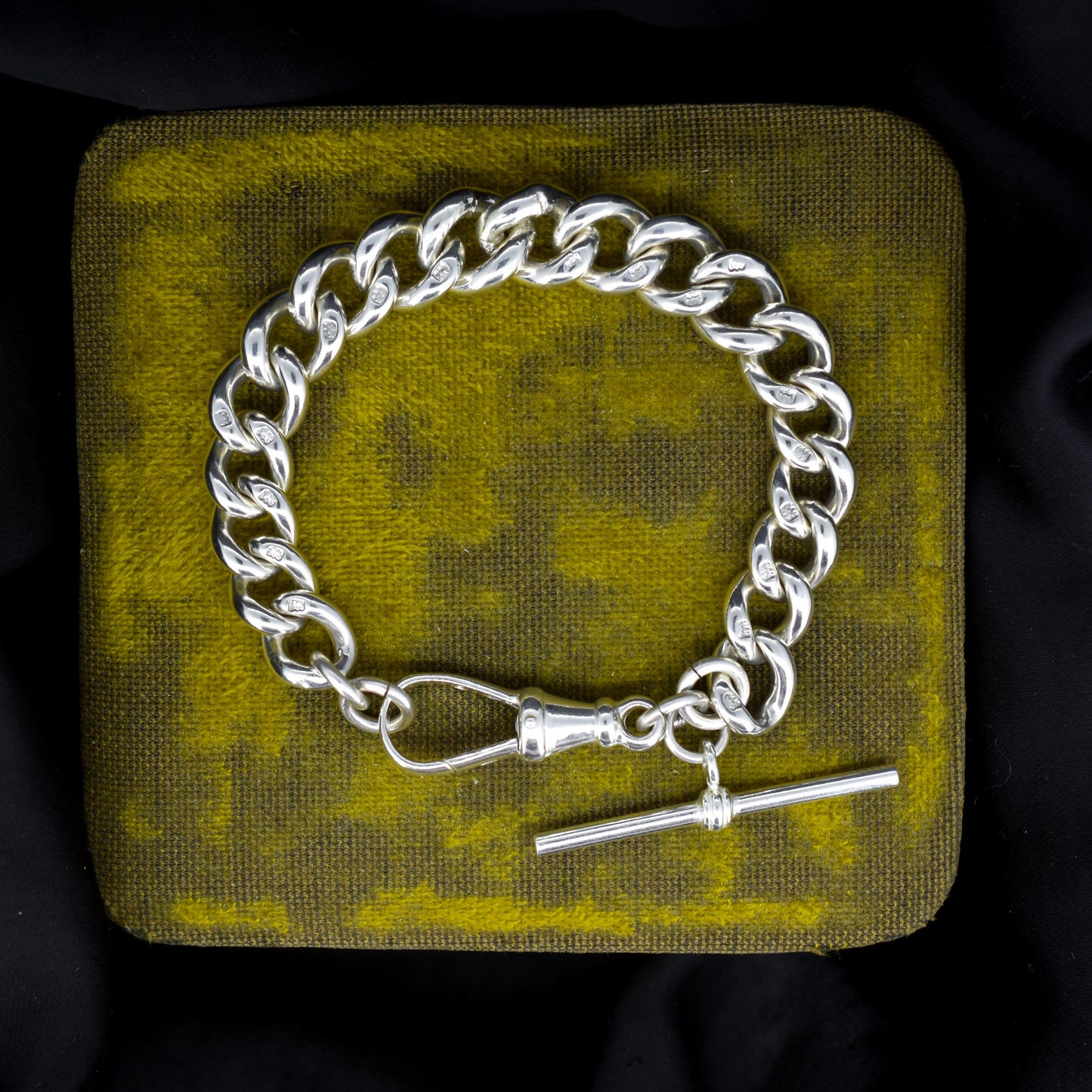 Antique Heavy Graduated Curb Sterling Silver Bracelet with Large Dog Clip and T-bar | 7"