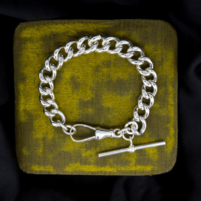 Antique Heavy Graduated Curb Sterling Silver Bracelet with Large Dog Clip and T-bar | 7"
