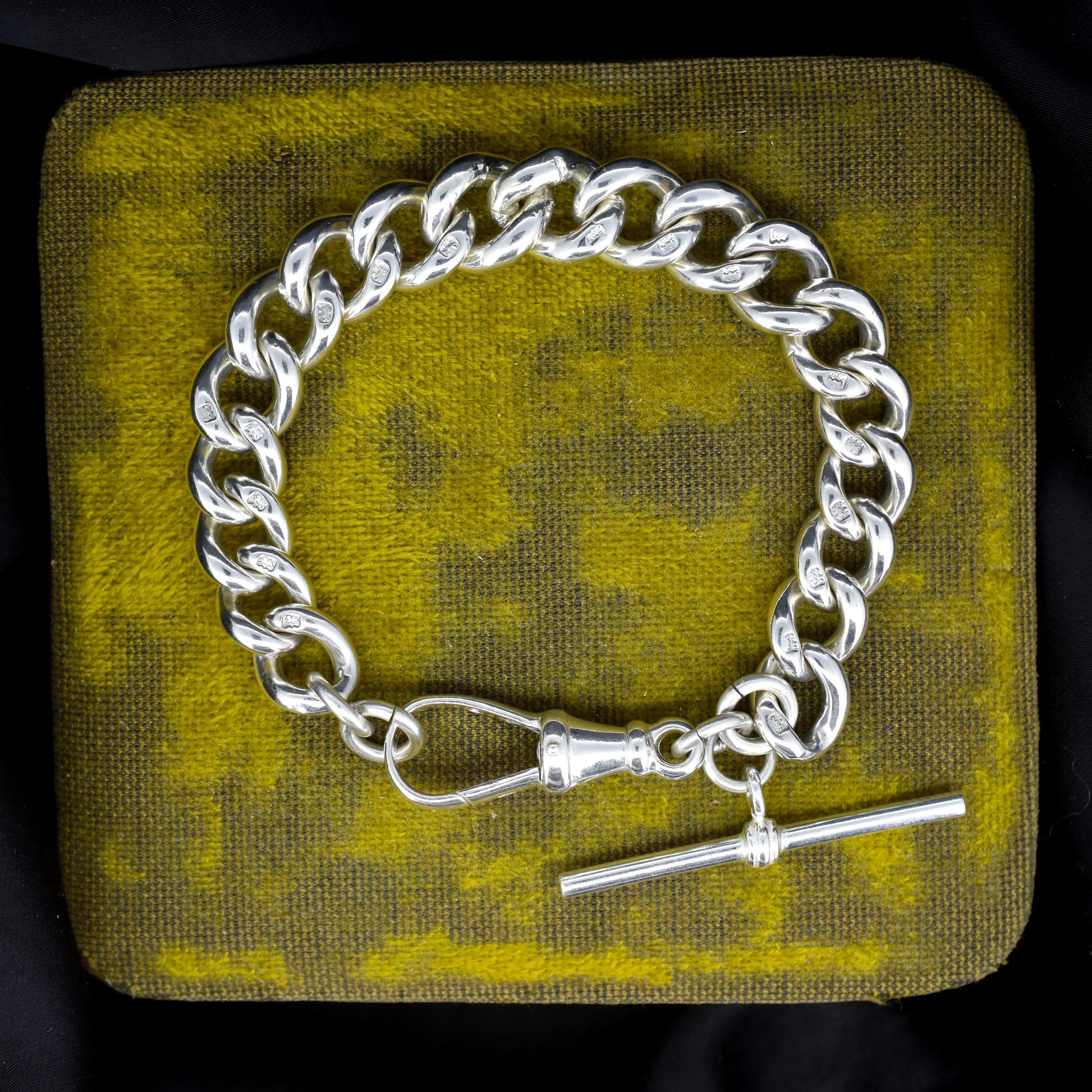 Antique Heavy Graduated Curb Sterling Silver Bracelet with Large Dog Clip and T-bar | 7"