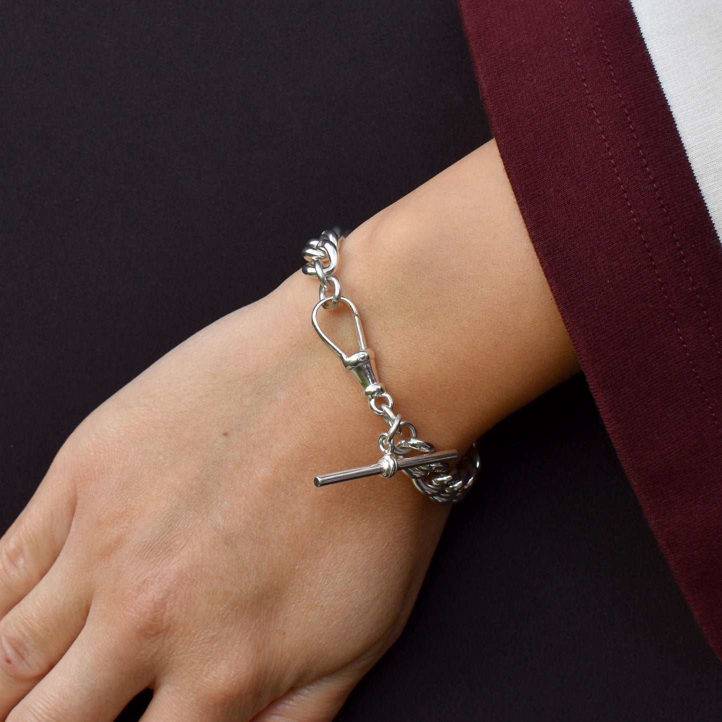 Antique Heavy Graduated Curb Sterling Silver Bracelet with Large Dog Clip and T-bar | 7"