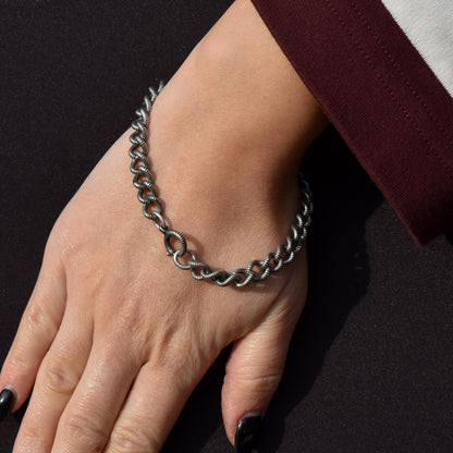 Antique Niello Silver Curb Link Bracelet with Spring Ring - 8.5"