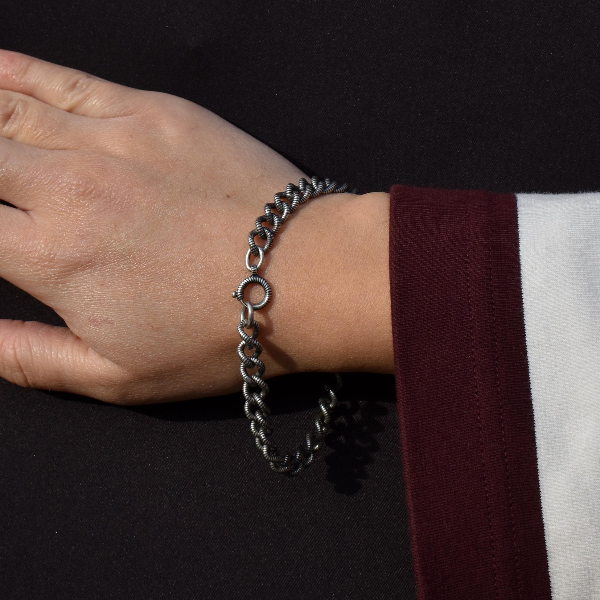 Antique Niello Silver Curb Link Bracelet with Spring Ring - 8.5"