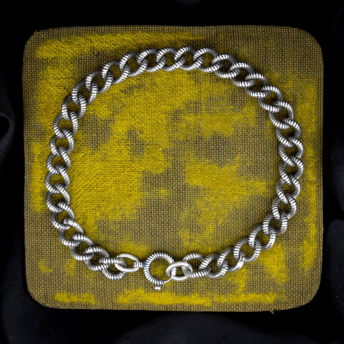 Antique Niello Silver Curb Link Bracelet with Spring Ring - 8.5"