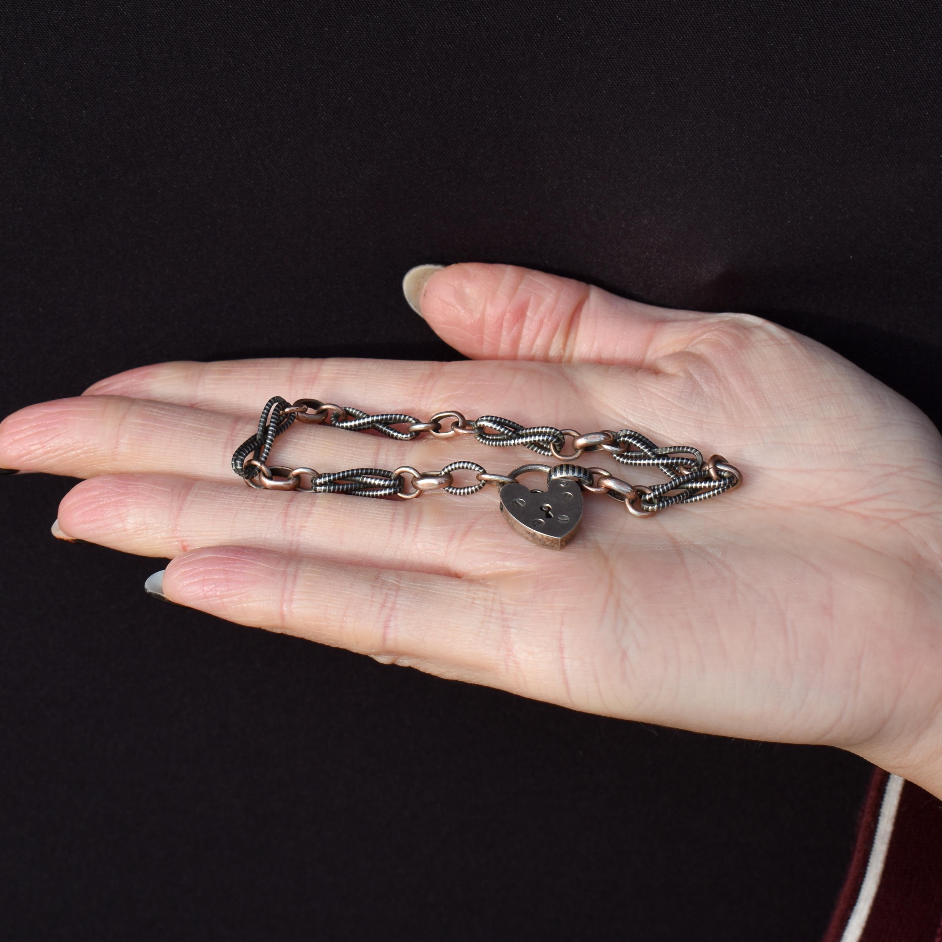 Antique Niello Fancy Link Heart Padlock Bracelet- 7.5