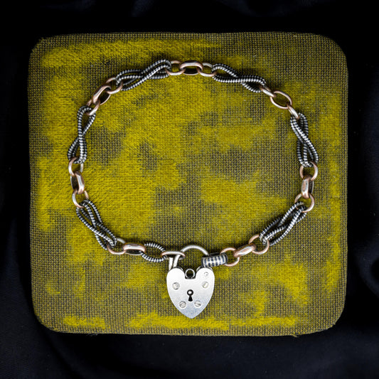 Antique Niello Fancy Link Heart Padlock Bracelet- 7.5"