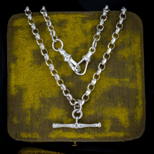 Vintage Sterling Silver Oval Link Watch Chain Necklace with T-Bar and Dog Clips – 21"