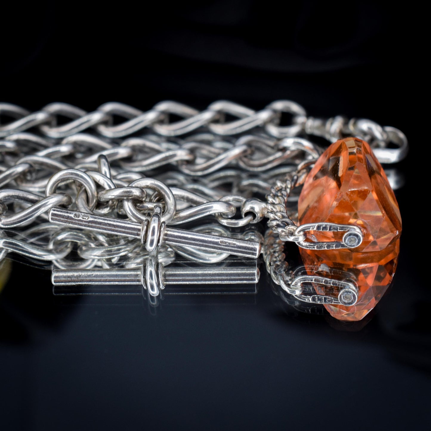 Antique 16.5" Sterling Silver Albert Watch Chain Necklace with T-Bar, Fob and Dog Clips