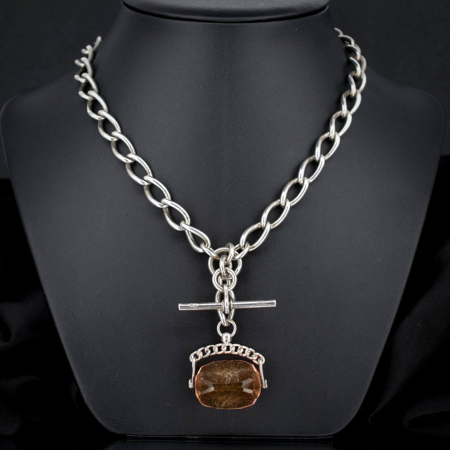 Antique 16.5" Sterling Silver Albert Watch Chain Necklace with T-Bar, Fob and Dog Clips