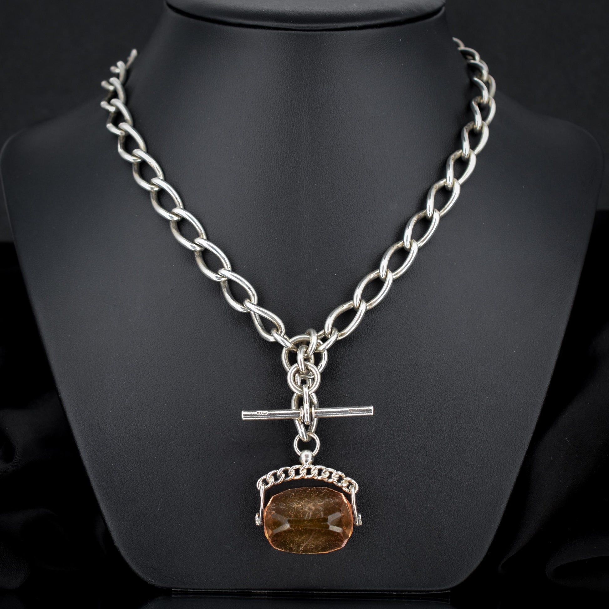 Antique 16.5" Sterling Silver Albert Watch Chain Necklace with T-Bar, Fob and Dog Clips