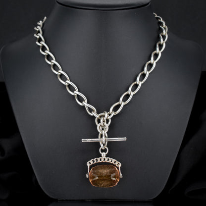 Antique 16.5" Sterling Silver Albert Watch Chain Necklace with T-Bar, Fob and Dog Clips