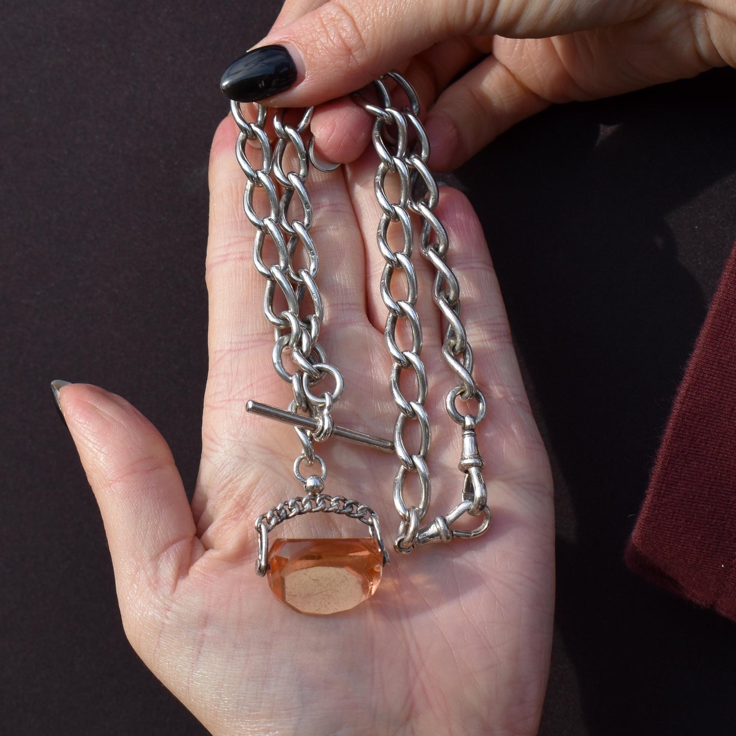 Antique 16.5" Sterling Silver Albert Watch Chain Necklace with T-Bar, Fob and Dog Clips