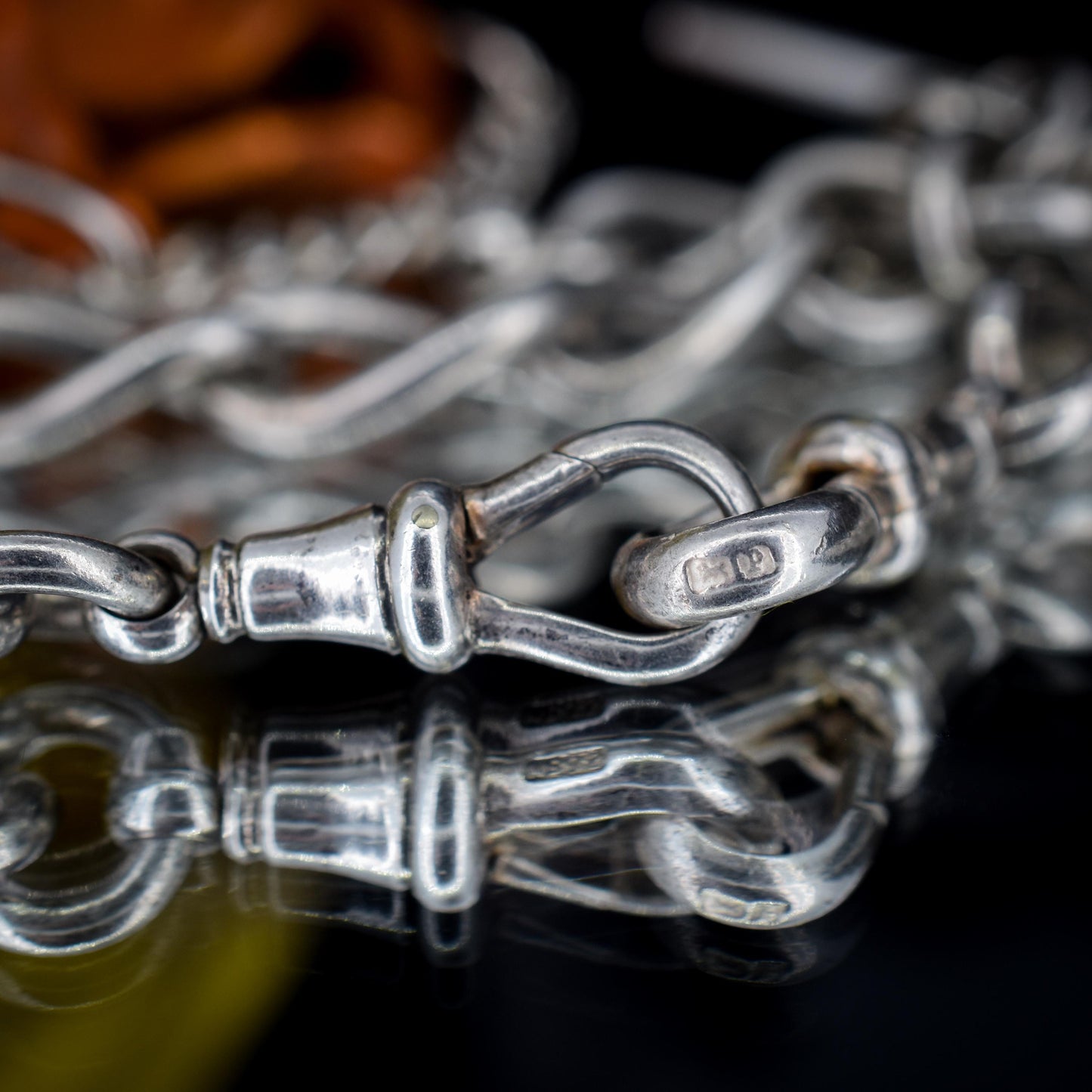 Antique 16.5" Sterling Silver Albert Watch Chain Necklace with T-Bar, Fob and Dog Clips