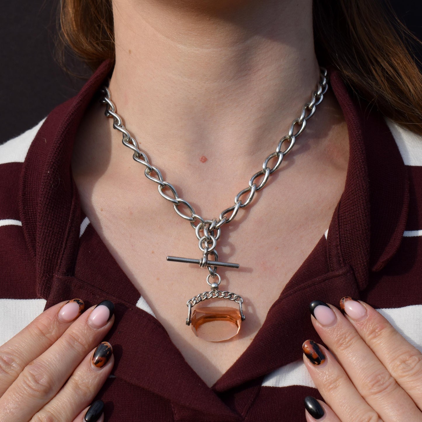 Antique 16.5" Sterling Silver Albert Watch Chain Necklace with T-Bar, Fob and Dog Clips