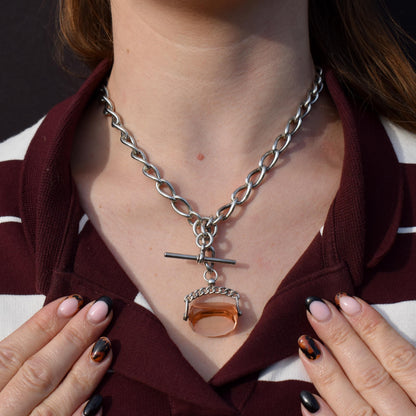 Antique 16.5" Sterling Silver Albert Watch Chain Necklace with T-Bar, Fob and Dog Clips