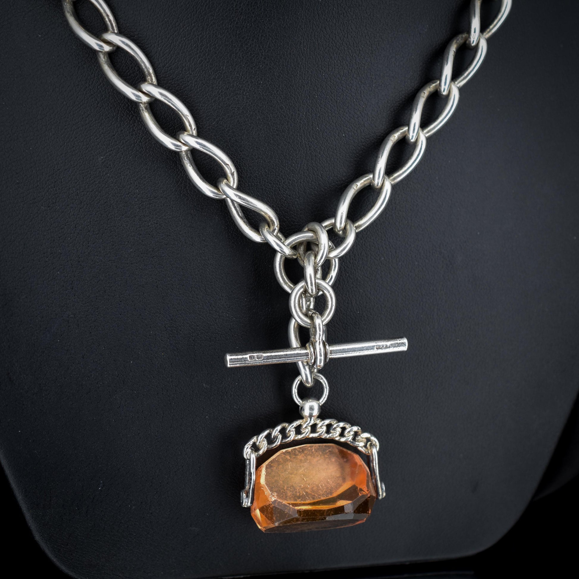 Antique 16.5" Sterling Silver Albert Watch Chain Necklace with T-Bar, Fob and Dog Clips