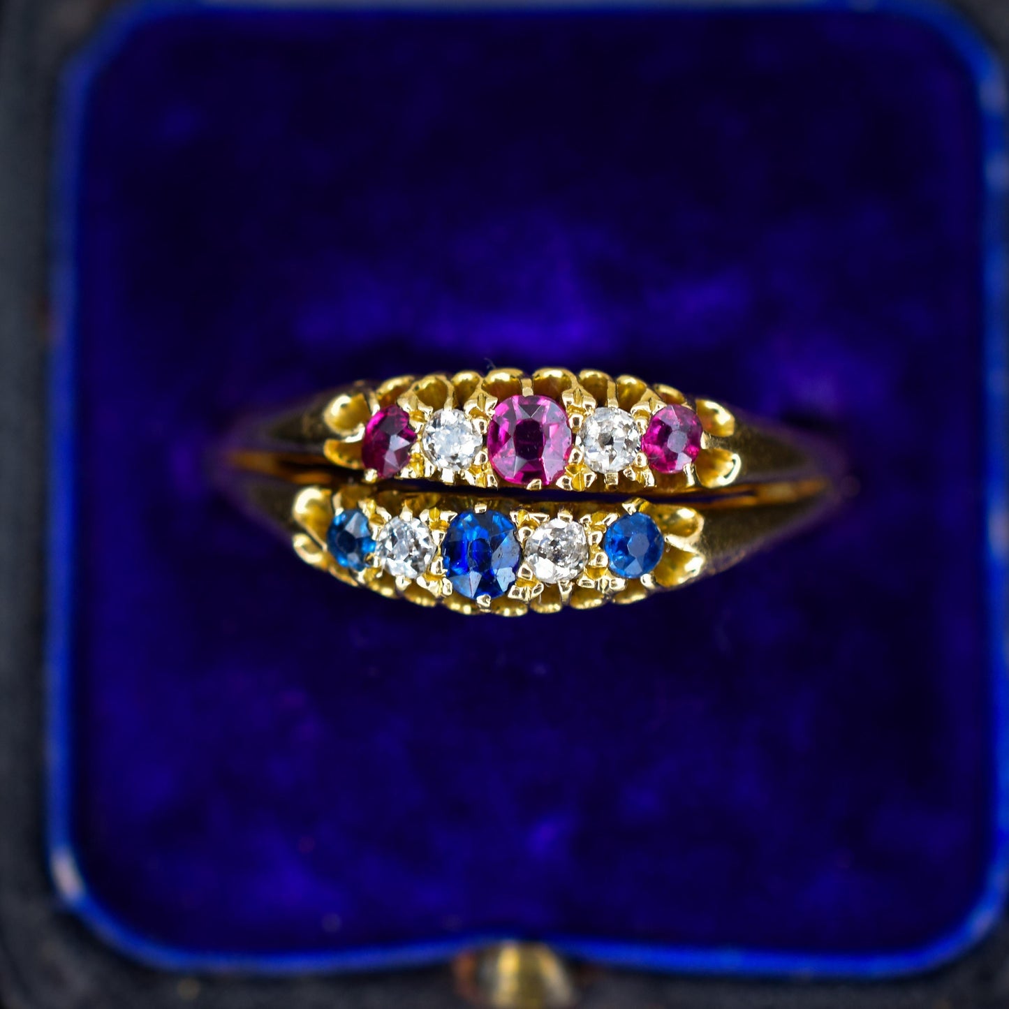 Antique 18ct Gold Sapphire Ruby and Diamond Double Row Ring
