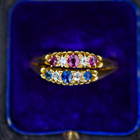 Antique 18ct Gold Sapphire Ruby and Diamond Double Row Ring