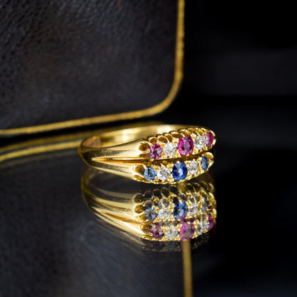 Antique 18ct Gold Sapphire Ruby and Diamond Double Row Ring