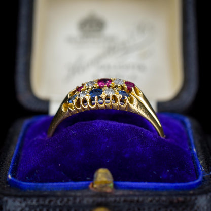 Antique 18ct Gold Sapphire Ruby and Diamond Double Row Ring