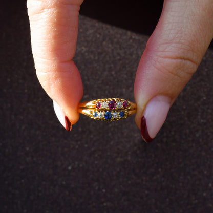 Antique 18ct Gold Sapphire Ruby and Diamond Double Row Ring