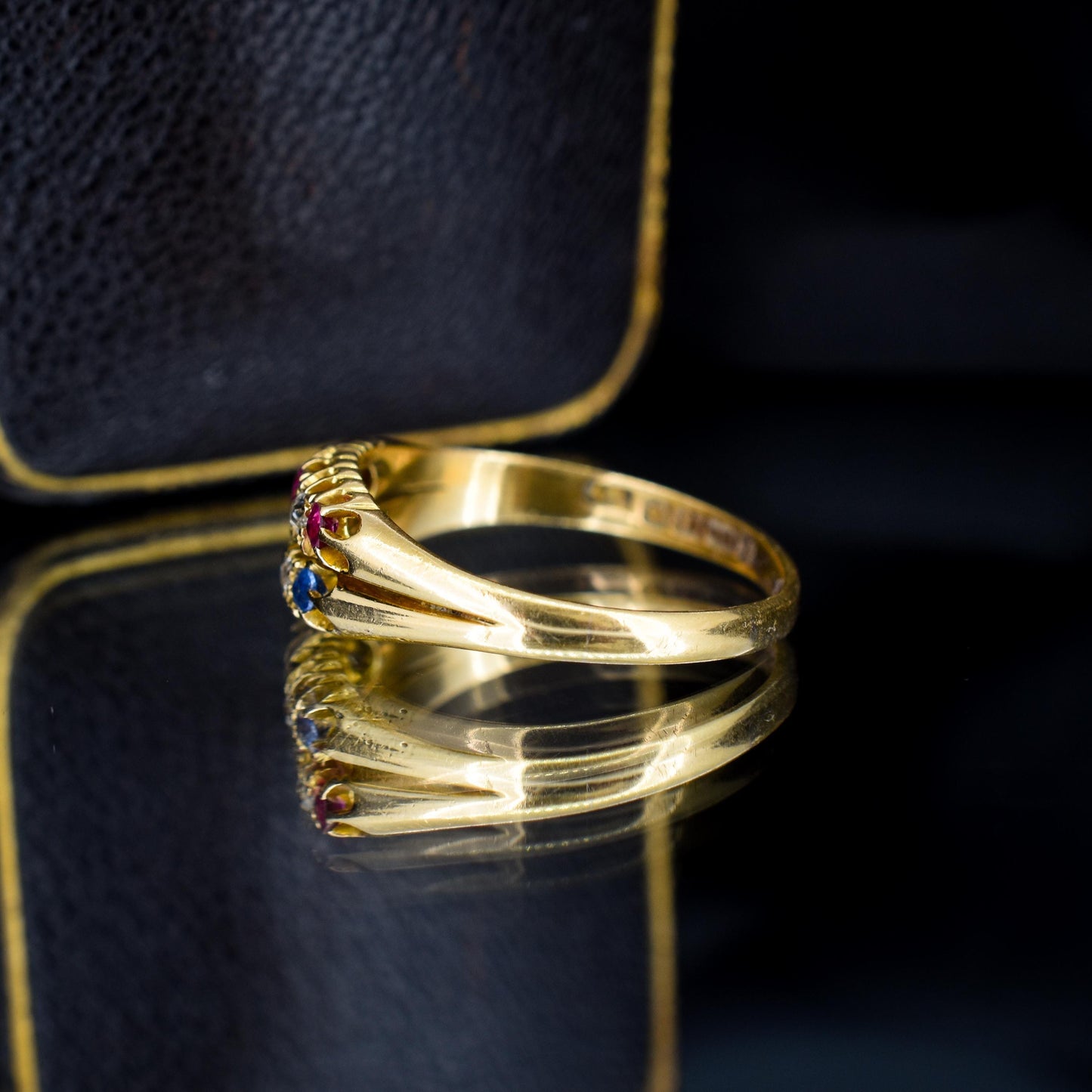 Antique 18ct Gold Sapphire Ruby and Diamond Double Row Ring