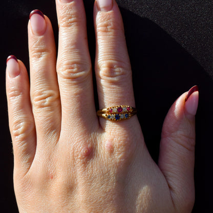 Antique 18ct Gold Sapphire Ruby and Diamond Double Row Ring