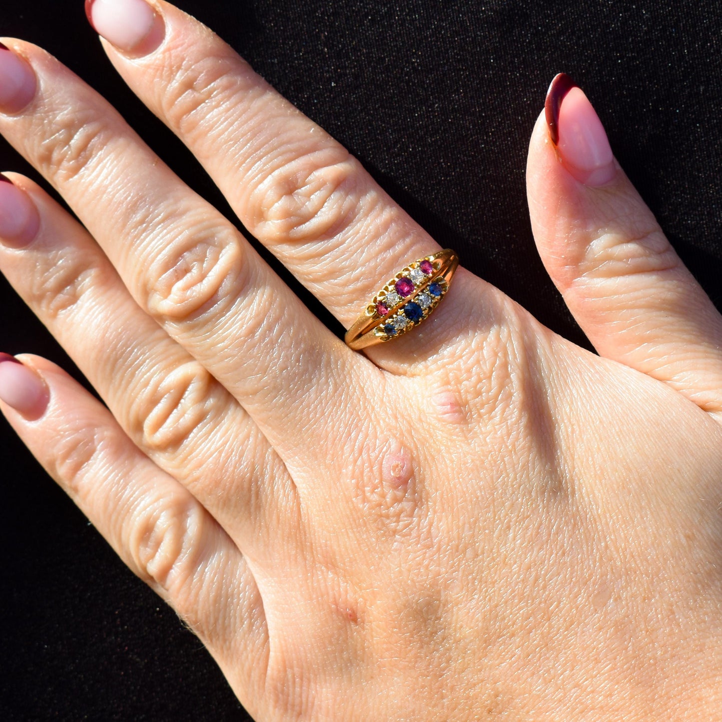 Antique 18ct Gold Sapphire Ruby and Diamond Double Row Ring