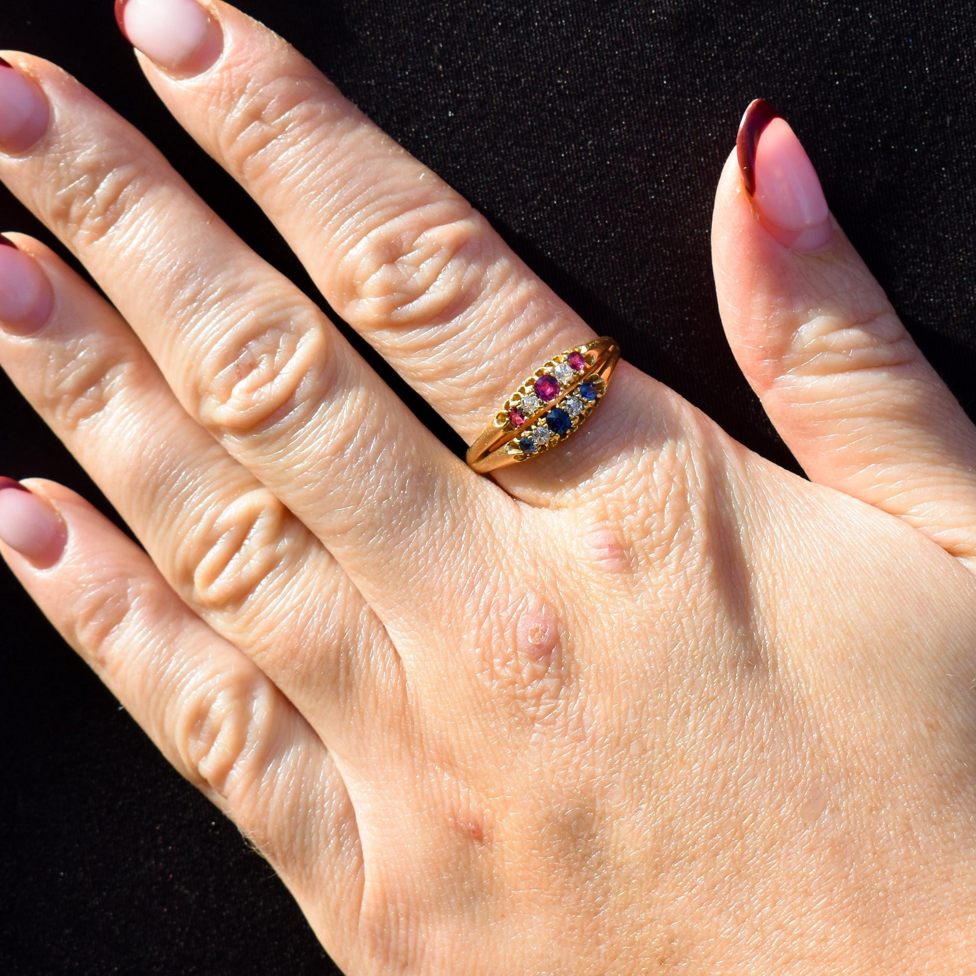 Antique 18ct Gold Sapphire Ruby and Diamond Double Row Ring