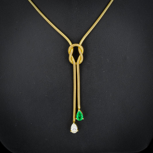 Emerald and Diamond Lariat Knot 18ct Gold Snake Chain Drop Necklace | 15.75"