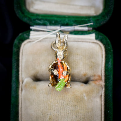 Vintage Rabbit Bunny Enamel Carrot 9ct Yellow Gold Charm