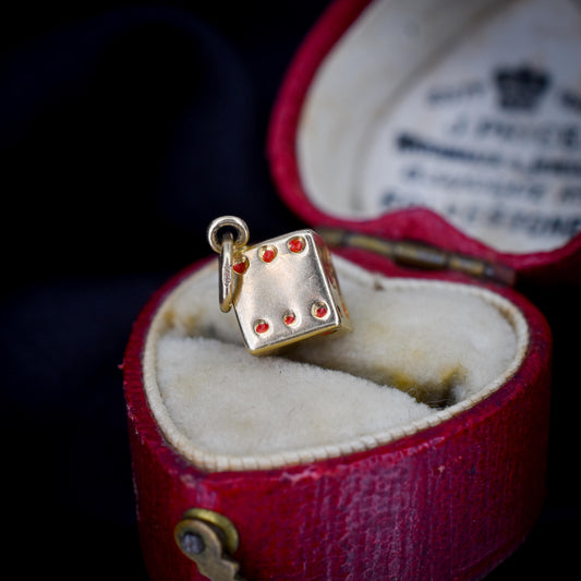 Vintage 9ct Yellow Gold Dice Enamel Charm Pendant | London 1965