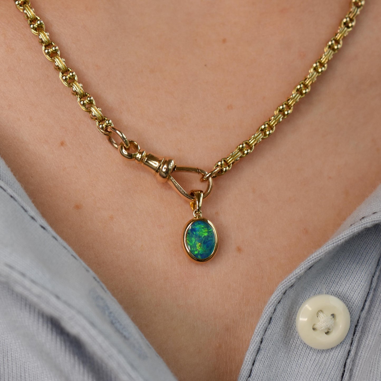 Black Opal Doublet Oval Drop 9ct Yellow Gold Pendant Charm