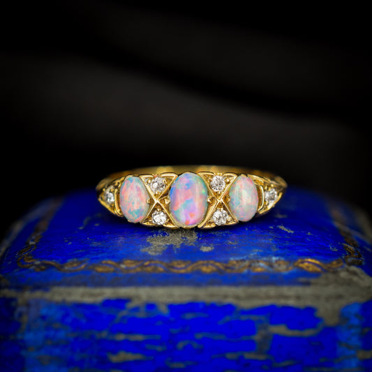 Antique Natural Opal and Diamond 18ct Yellow Gold Three Stone Ring