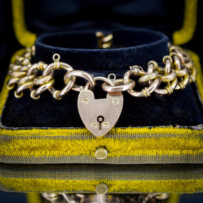 Antique Heart Padlock Fancy Gate 9ct Gold Bracelet