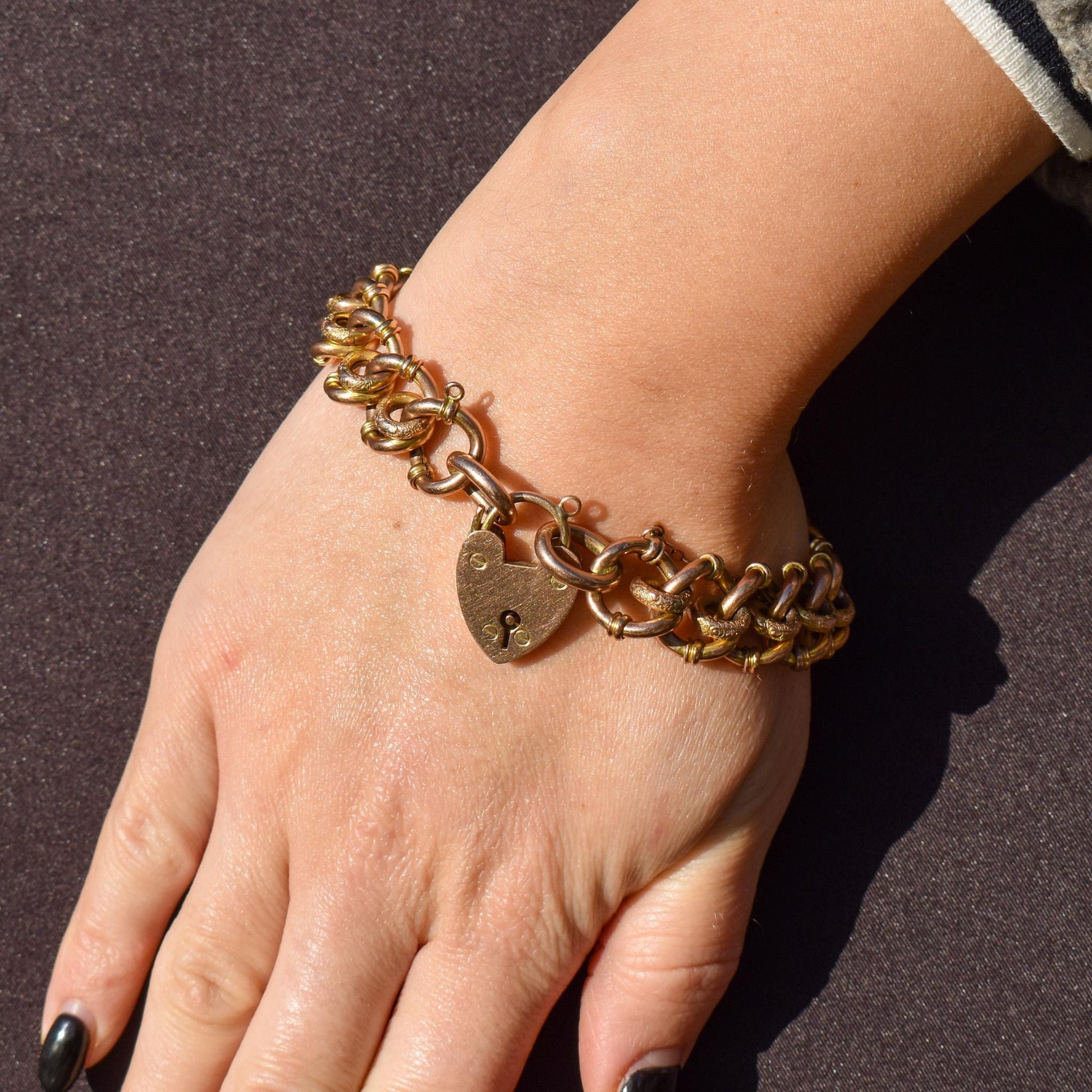 Antique Heart Padlock Fancy Gate 9ct Gold Bracelet