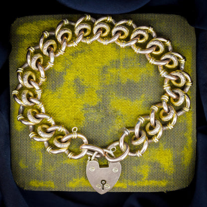 Antique Heart Padlock Fancy Gate 9ct Gold Bracelet