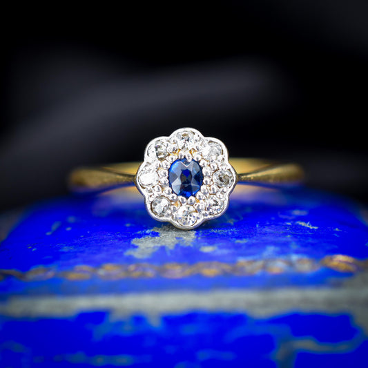 Antique Sapphire and Diamond Cluster 18ct Gold and Platinum Ring