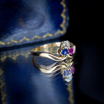 Antique Edwardian Ruby Sapphire and Diamond Trefoil Clover 15ct Gold Ring | 1904